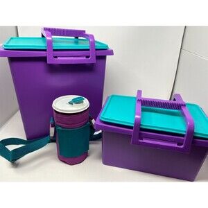 Tupperware Hostess Beach Bright Picnic Totes & Cup Teal & Purple Retro Set